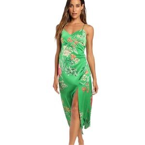 Lulu's “Remarkable Entrance” Green Floral Print Satin Midi Dress NWOT